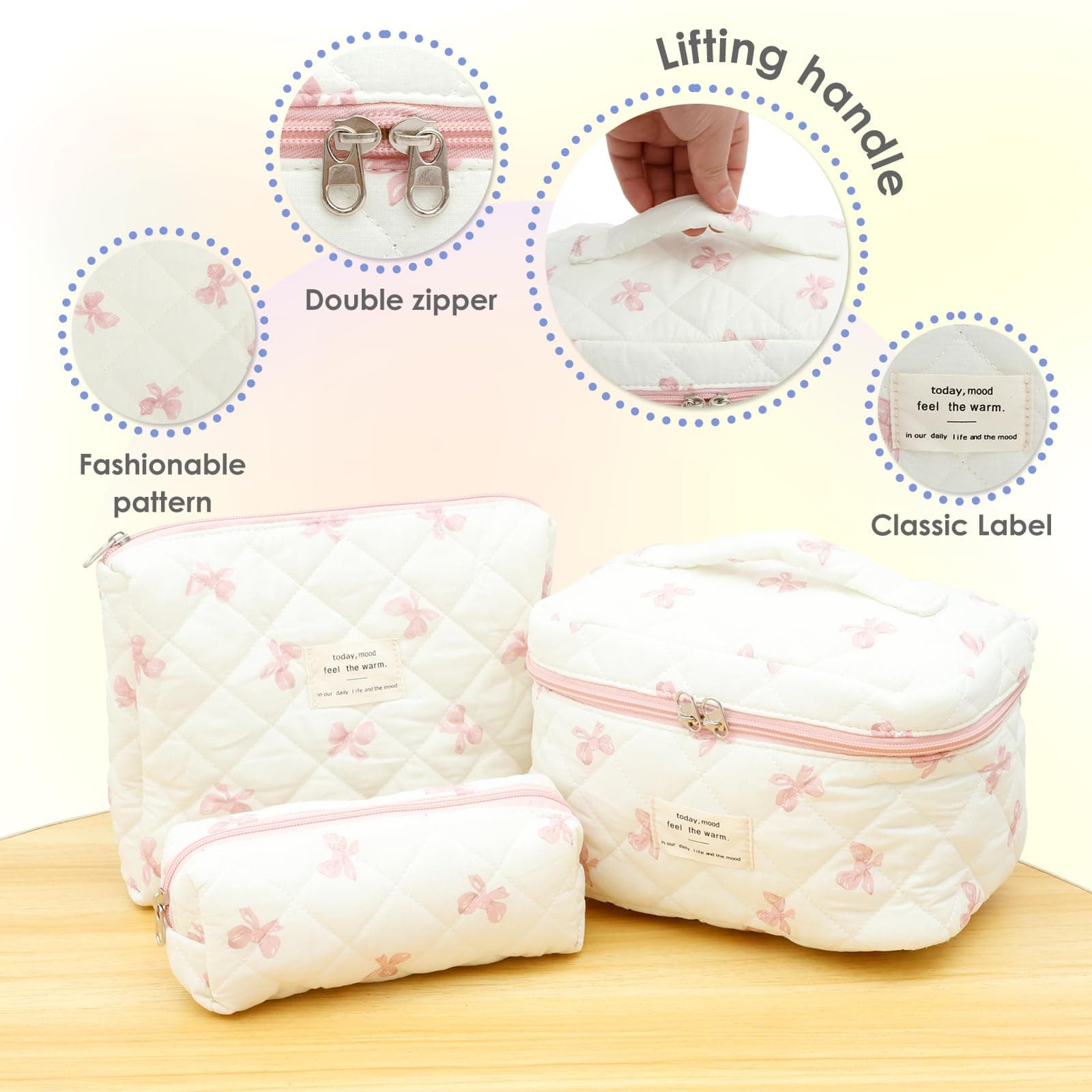 3 Pcs Makeup Bag Cosmetic Bag Cute Cotton Large Quilted Travel Makeup Pouch Multifunctional Cosmetic Pouch Set for Women Girls Ladies (Pink) thumbnail 6