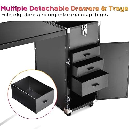 BYOOTIQUE Portable Manicure Table Nail Station Rolling Makeup Case with 4 Drawers Nail Table Storage for Makeup Artist Nail Tech Manicurist, Black, 33" x 16" x 31" thumbnail 9