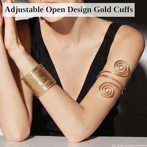 KICOSY 6PCS Gold Bangles Cuffs for Women, Boho Adjustbale Gold Accessories | Chunky Gold Bangles and Arm Cuffs for Prom, Beach, Costumes Party thumbnail 7