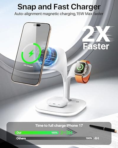 EXW for Magsafe Charger Stand,Charging Station for Multiple Devices,Wireless Charger for iPhone 17 Air 16 15 14 13 12 Series,Apple Watch Series 1-10/Ultra,AirPods Pro with LED and Adapter (White) thumbnail 2