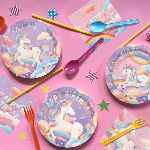 birthday Party Supplies Kit for 24 Guests - for Unicorn Birthday Decorations, Includes Dinner & Dessert Plates, Napkins, Cups, Banner and Tablecloth for Unicorn 1st Birthday Party Decorations thumbnail 4