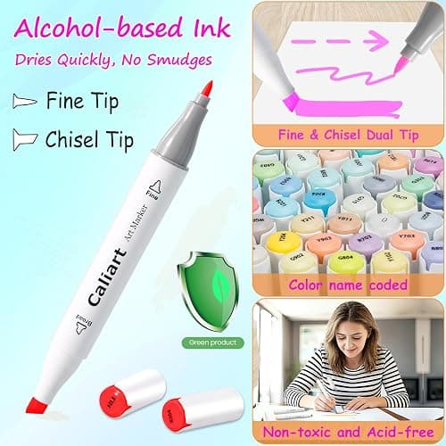 Caliart 121 Colors Alcohol Based Markers, Dual Tip Art Marker Set Chisel & Fine, Permanent Colored Pens for Adults Coloring Book Artists Sketch Illustration Drawing Supplies Gifts thumbnail 2