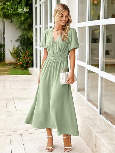 Simplee Women's Summer Flowy Midi Dress Casual V Neck Short Sleeve Empire Waist Boho Beach Wedding Guest Dresses thumbnail 5