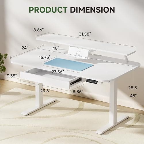 GTPLAYER Electric Standing Desk with Drawers, 48 x 24 Inches Height Adjustable Computer Desk with Monitor Stand, Laptop Stand, Sit Stand up Desk with Memory Preset for Home, Office, White thumbnail 2