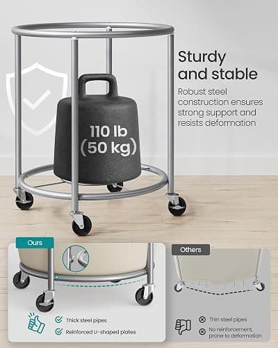 SONGMICS 50.2-Gallon (190 L) Laundry Basket with Wheels, Rolling Round Heavy-Duty Laundry Hamper Cart with Steel Frame and Removable Bag, 2 Locking Wheels, Cream White and Metallic Silver URLS01MZ thumbnail 5