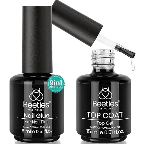 Beetles Gel Nail Glue and No Wipe Top Coat Kit, 2Pcs 15ml 9 In 1 UV Nail Glue for Acrylic Nail Tips Clear Press On Nails, Easy Nail Extension Gel, Soak Off LED Shine Finish DIY Home Manicure - Image 1