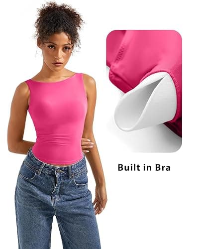 SUUKSESS Women Padded Open Back Boat Neck Tank Tops Double Lined Basic Shirts thumbnail 2