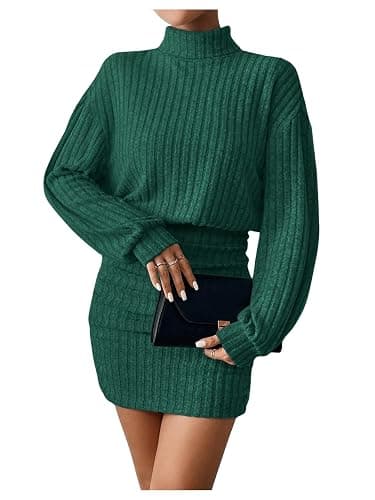 GORGLITTER Damen Pulloverkleid Stehkragen Freizeitkleid Rippstrick Winterkleid Kurzes Figurbetontes Kleid - M - Dunkelgrün thumbnail 4