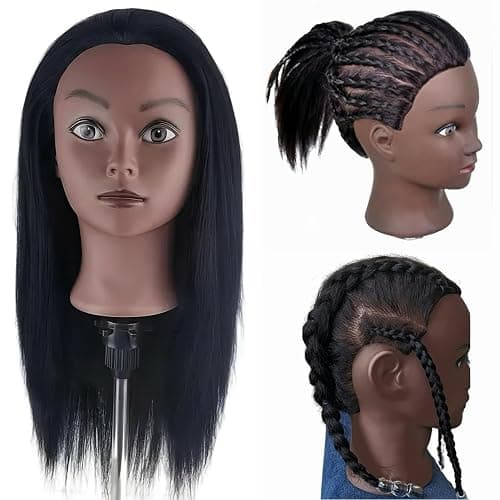 Yiifiulyn Black Mannequin Head with Hair for Braiding, Cosmetology Training Doll Head for Styling Practice - 21 Inches Layered Pre-streched Hair Manneuiqn Head with Stand - Image 1