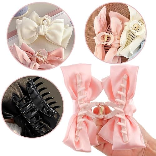 3 PCS Large Bow Hair Claw Clips Satin Bow Claw Clip for Women Girl with Long Thick Hair 5.9 inch Elegant Hair Ribbon Design for all types Big (Black+White+Pink) thumbnail 3
