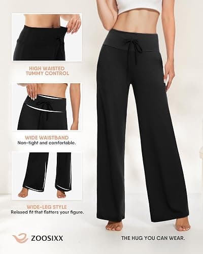 ZOOSIXX Soft Black Pajama Pants for Women, Wide Leg Comfy Casual Lounge Yoga Capri Pants 22'' / 30'' thumbnail 3
