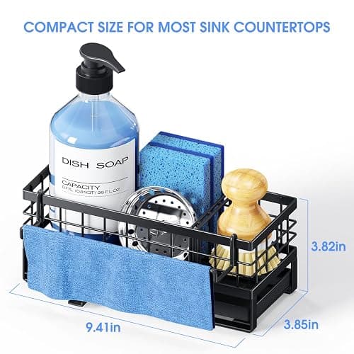 DYFVREN Kitchen Sink Sponge Holder, Rustproof Non-Slip Self-Draining Metal Sink Caddy with Detachable Dish Cloth Holder (Black) thumbnail 2