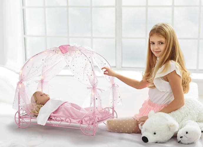 Badger Basket Elegant Royal Carriage Bed for 18-Inch Dolls with Canopy, Bedding, and LED Lights - Pink and White Stars thumbnail 2