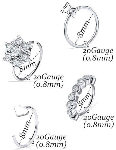 Vsnnsns 20G Nose Rings Hoops for Women 316L Stainless Surgical Steel Heart Butterfly Flower Cross Cubic Zirconia Nose Rings Hoops Piercing Jewelry for Women Men 20 Gauge Silver Black Rose Gold 8MM thumbnail 2