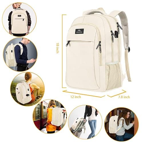 MATEIN Beige Laptop Backpack 15.6 Inch, Lightweight Sturdy Bag for College Supplies with USB Charging Port, Water Resistant Anti Theft Travel Computer Daypack Fashion Work Nurse Bag Gift for Women thumbnail 2