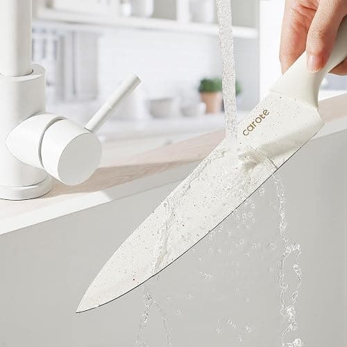 CAROTE 15Piece Knife Set, Kitchen Knife Block Set, Elegant White Ceramic-Coated Blades with Stylish Wooden Block for Modern Culinary Excellence thumbnail 7