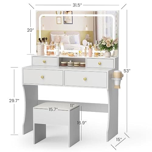 Pamapic Golden Handles Vanity Desk with Mirror and Lights, 4 Drawers Makeup Vanity with Charging Station, 3 Lighting Modes Upgraded Silent Slides Vanity Desk with Storage Stool thumbnail 3