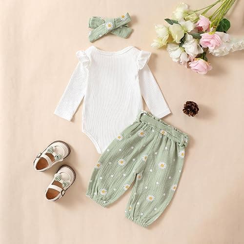 Kaipiclos Newborn Infant Girl Clothes Rib Knit Romper Daisy Print Pants Headband Baby Clothes for Girls 0 3 6 12 18 24 Months thumbnail 3