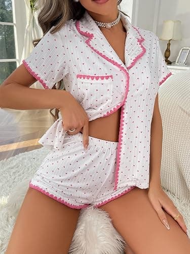 SHENHE Women's Cute 2 Piece Button Up Short Sleeve Top and Shorts Summer Pajamas Set thumbnail 4