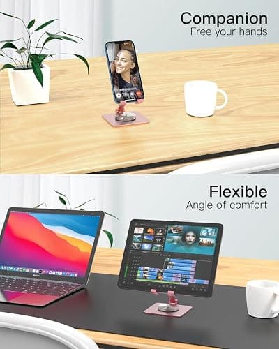 SOJUNER Cell Phone & Tablet Stand for Desk, Aluminum Adjustable Holder for iPhone, iPad & Smartphones || Foldable Mount with 360° Swivel, Stable Base & Portable Design for 4–9.7in Devices, Pink thumbnail 6