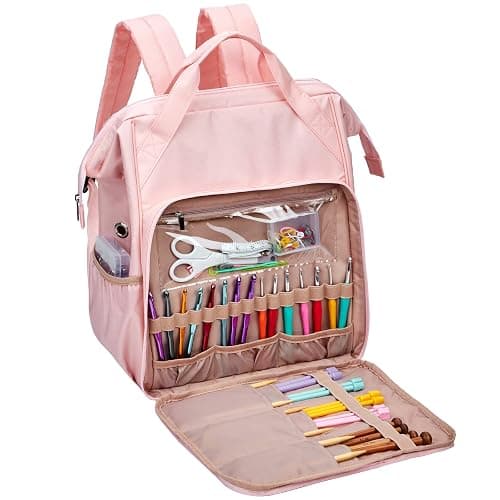 HOMEST Knitting Bag Backpack, Crochet Storage Organizer, Large Yarn Holder with Custom Front Pocket for Crochet Accessories and Supplies, Pink thumbnail 2