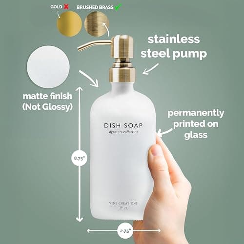 Vine Creations White Glass Soap Dispenser Set, Dish Soap and Hand Soap Dispenser Set with Stainless Steel Pump, 16 oz Glass Dispensers for Kitchen or Bathroom Decor (Matte White Bottle/Brushed Brass) thumbnail 5