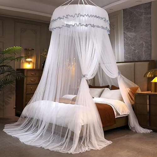 Kertnic Mosquito Net Bed Canopy for Girls, Princess Canopy Bed Curtain Fine Sheer Mesh Dome Bed Canopies, Girls & Adults Lace Tent for Twin Full Queen King Bed (White) thumbnail 5