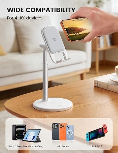 Lamicall Phone Tablet Stand for Desk - White Desktop Holder for iPad Kindle | Height Adjustable Sturdy Stand for Desk, Kitchen Counter & Office Accessories, Fits iPhone Tablets Tab Switch, 4-10" thumbnail 6