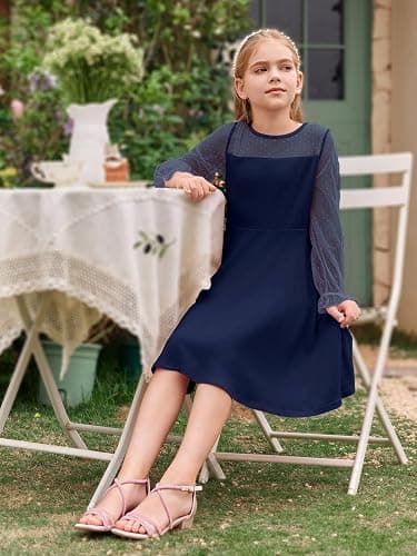 Haloumoning Girls Contrast Mesh Long Sleeve High Waist A Line Short Dress with Pockets 4-14 Years thumbnail 8