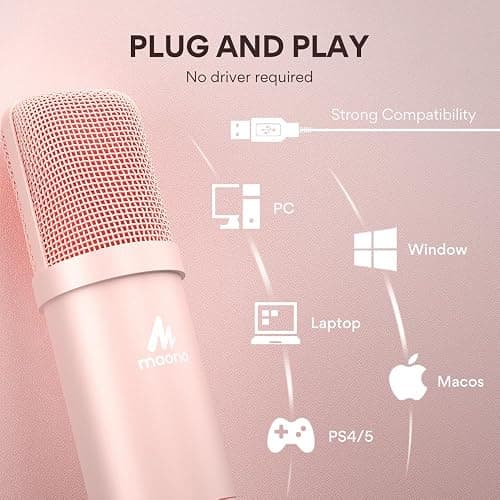 MAONO USB Microphone, 192kHz/24bit Plug & Play PC Computer Podcast Condenser Cardioid Metal Mic Kit with Professional Sound Chipset for Recording, Gaming, Singing, YouTube, AU-A04 Pink thumbnail 4