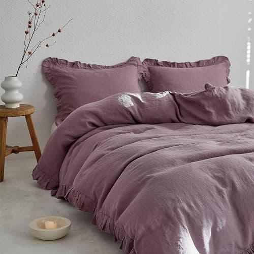 Simple&Opulence 100% Linen Duvet Cover Set, 3 PCS Natural French Flax Purple Ruffle Duvet Cover King Size, Breathable Comfy Linen Bedding Comforter Cover with 2 Pillowcases (Purple, 104" X 92") thumbnail 8