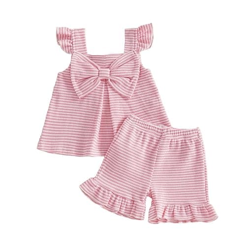 Nibbcoa Toddler Baby Girl Summer Outfit Cute Bow Flutter Sleeve Striped Ruffle Tops Dress Shorts Outfits Set 6M-4T - Image 1