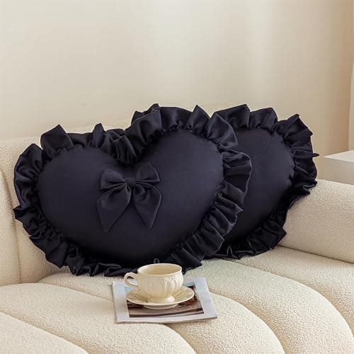 MOJUN Black Heart Pillow, Soft Heart Shaped Pillow with Bow Ruffle Design Love Room Decor Pillows for Sofa Bed Chair Cute Heart Shaped Throw Pillow Cushion for Bedroom Living Room thumbnail 5