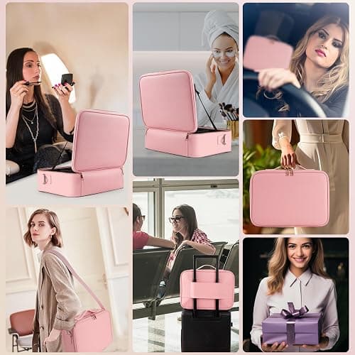 15''X11'' Large Capacity Makeup Bag with LED Mirror, Professional Makeup Case Organizer with 3 Color Light Adjustable Brightness, Travel Make up Cosmetic Case with Detachable Dividers & Shoulder Strap thumbnail 6