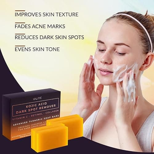 VALITIC Kojic Acid Dark Spot Remover Soap Bars with Vitamin C, Retinol, Collagen, Turmeric - Original Japanese Complex Infused Hyaluronic Acid, E, Shea Butter, Castile Olive Oil (4 Pack) thumbnail 4
