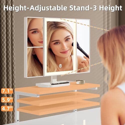 HIGDBFE Vanity Desk with Mirror & Lights and 3 Fabric Drawers, Makeup Vanity Table with Adjustable Stand, Dressing Vanity Table for Bedroom, Computer Desk for Small Spaces, 27.5''W, White thumbnail 9