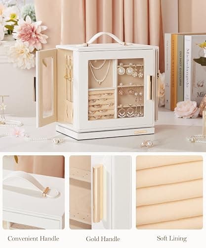 Homde Christmas Gifts Jewelry Box 360° Rotating, Necklace Earring Organizer with Transparent Window, Mirror, 7 Drawers, Large Ring Display Storage Case for Girls Women (White) thumbnail 6