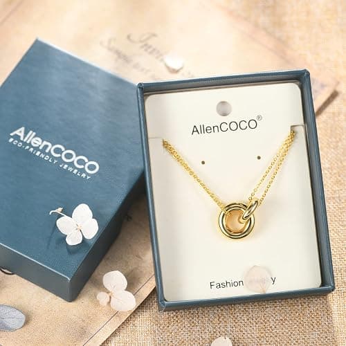 AllenCOCO Dainty Gold Necklace for Women Trendy, Cute Sister Necklaces, 14k Gold Plated S925 Sterling Silver Interlocking Circle Heart Necklace Herringbone Chain Choker Necklace for Women Non Tarnish thumbnail 4