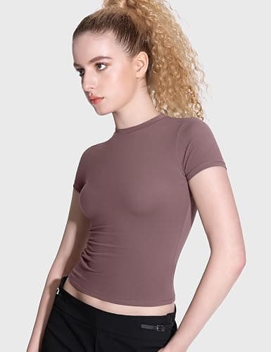 PUMIEY Women's Crew Neck Short Sleeve Tops Double Lined Slim Fit T Shirts Basic Tee Smoke Cloud Pro Collection thumbnail 2