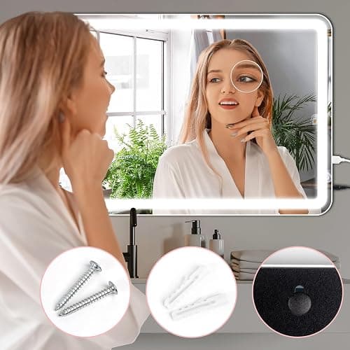 Umeiga Vanity Mirror with Lights, 32" x 22" LED Lighted Makeup Mirror, Smart Touch 3 Colors Dimmable, USB Charger, Large for Bedroom, Black - Black Usb Charing 80x55cm thumbnail 6