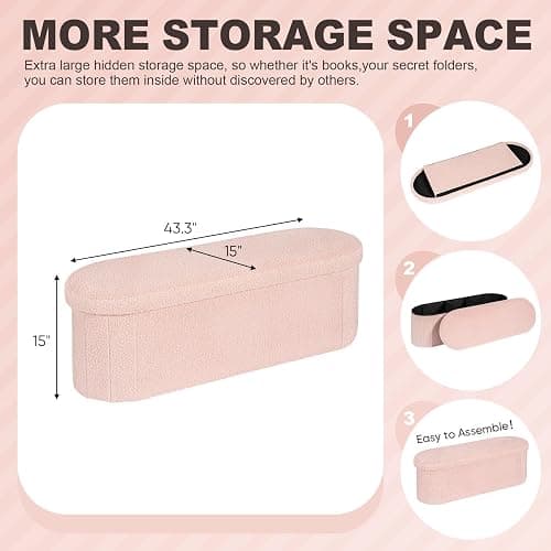 PINPLUS Storage Ottoman Bench Tufted Oval Ottomans for Living Room Foot Rest, Chest Box Velvet Bench with Storage, Pink 43"x15"x15" (Pink) thumbnail 3