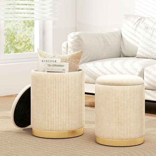 Giantex Ottoman with Storage - Set of 2 Storage Ottomans, 1 Large & 1 Small Nesting Ottoman Side Table, Upholstered Velvet Round Foot Rest Vanity Stool for Bedroom Living Room (Beige & Golden) - Image 1