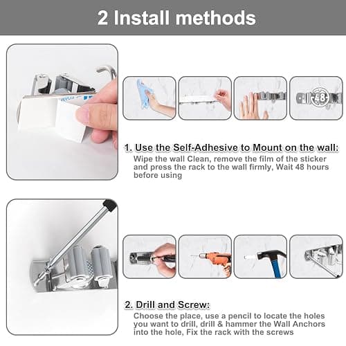 Broom Holder Wall Mount, Broom Organizer Wall Mount Stainless Steel Broom and Mop Hanger Heavy Duty Storage Organization for Home Kitchen Garden Garage Room 5 Racks 4 Hooks thumbnail 7