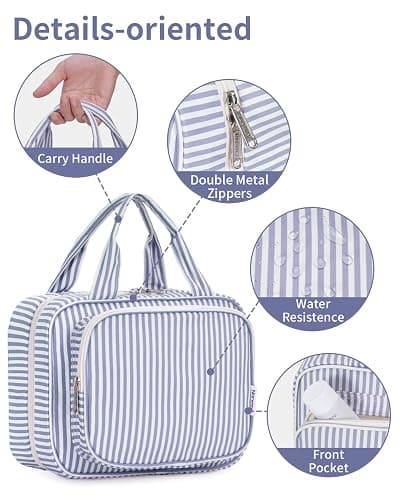 Narwey Striped Hanging Toiletry Bag for Women Travel Makeup Bag Organizer Toiletries Bag for Travel Size Essentials Accessories Cosmetics (Greyish Blue Stripe (Medium)) thumbnail 6