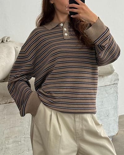 Oversized Striped Sweater for Women Collared Long Sleeve Preppy Polo Sweater Vintage Aesthetic Knitted Rugby Shirts thumbnail 4