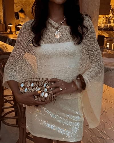 Women Sheer Poncho Top Lightweight Knit Crochet Shrug Bolero Mesh Batwing Sleeve Sweater Cover Up Beachwear thumbnail 5