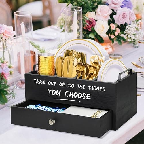 Paper Plate Dispenser with Drawer for Kitchen Countertop, Wooden Paper Plate Holder with Large Cup Holder, Rustic Wood Silverware Caddy Holder, Paper Plate Organizer Kitchen Accessories(Black-Drawer) thumbnail 4