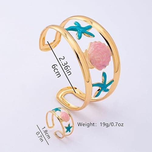 Nojess Boho Ocean Starfish Shell Open Cuff Bangle Bracelet Ring Set for Women Enamel Statement Summer Vacation Beach Jewelry thumbnail 7