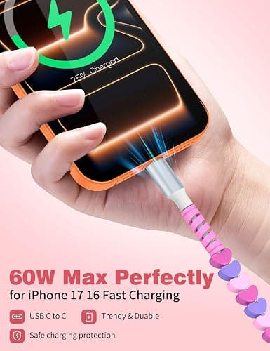AIAUXAI USB C to USB C Cable,6FT Beaded Charger Charging Cord,Pink-Purple | 60W Cute Type C Phone Charger Cord for iPhone 18 Pro Max 17 16/iPad&CarPlay,for Samsung S26 S25 Ultra A17 Android Girls Women thumbnail 4