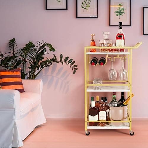 3 Tier Bar Cart Mini Liquor Utility Cart for Wine Beverage Dinner Party | Rolling Wine Coffee Drink Serving Cart with Lockable Wheels for Home Kitchen Bars (Gold) thumbnail 2